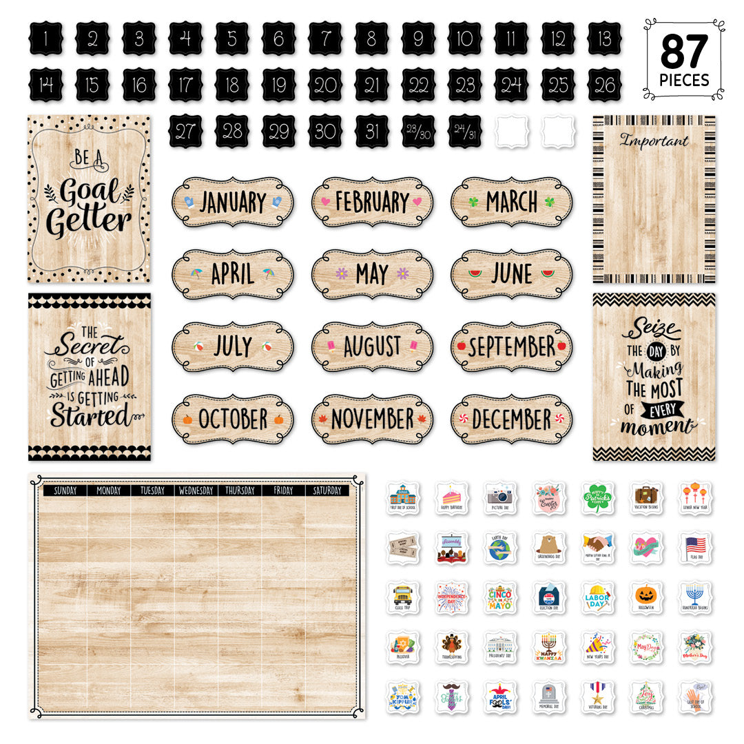 Core Décor Black, White, and Wood Calendar Set Bulletin Board